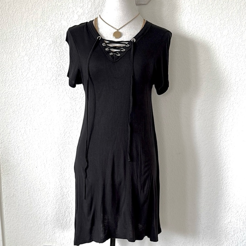 Lagaci • Black Casual Sheath Mini Dress Lace Up Neckline